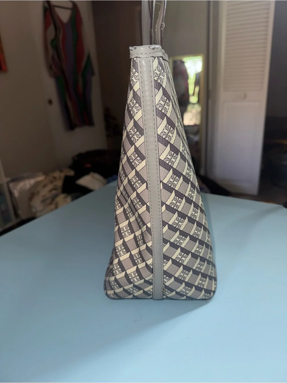 Tory Burch Beige and Gray Patterned Tote